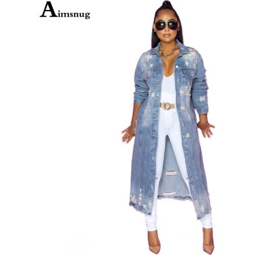2021 Spring Autumn New Long Demin Jackets Women Tunic Outerwear Single Breasted Coat Hole Ripped Jean Jacket Sexy Femme Clothing