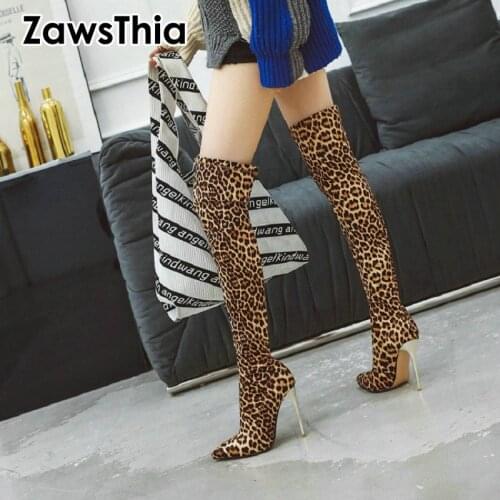 ZawsThia 2020 silver leopard sexy party wedding high heels shoes woman over-the-knee high socks booties overknee stretch boots