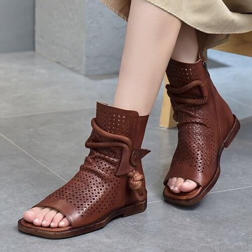 2021 Spring and Summer New High-top Sandals Female Leather Retro Hemp Rope Strapping Roman Shoes Flat Leather Sandals