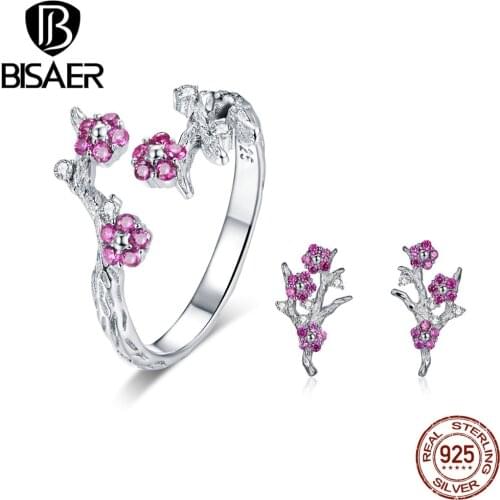 BISAER Hot Sale Authentic 925 Sterling Silver Blooming Cherry Flower Earrings Rings Women Jewelry Sets 925 Silver Jewelry WES096