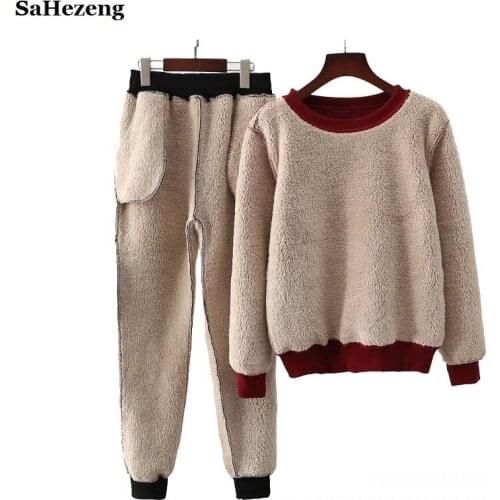 Winter Super Warm Women Cashmere Sets Two Pieces 2020 Thick Loose Hoodies and Long Pants Sets Fashion Female Sets Suits A92-1