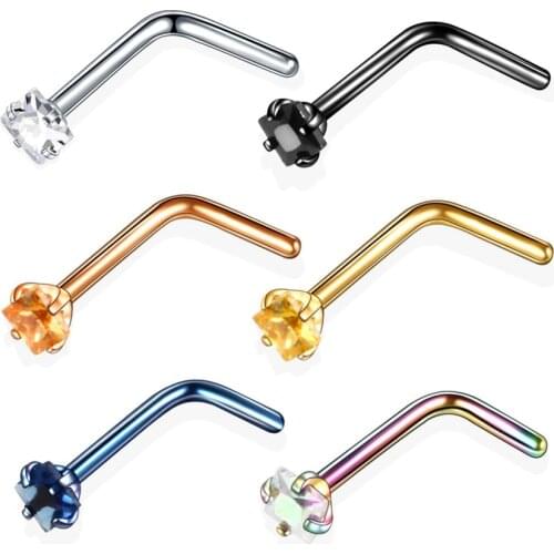 1PC 20G Steel Nose Ring Nariz Earrings Nostril Piercings Square Gem Nose Screw Curved Prong Nose Stud Ring Piercing Body Jewelry