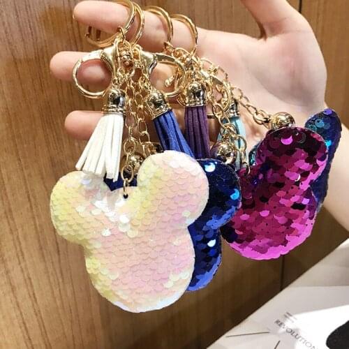15pcs/lot Cute Sequin Bear Head Shining Tassel Bag Accessories Jewelry Key Chain For Women Girls Pendant Trinket Keychain