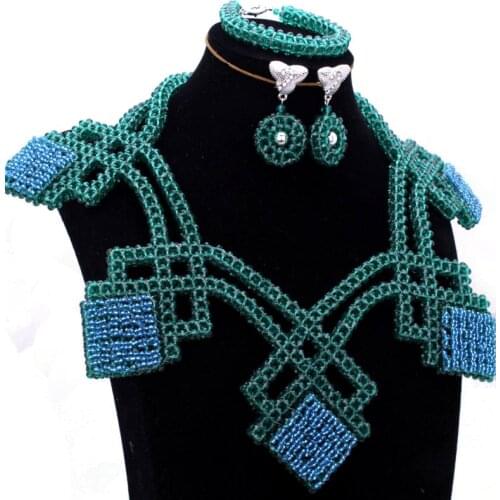 4uJewelry Teal Green Jewelry Set African Wedding Jewellery Handmade Beaded Nigerian Bridal Set of Jewelry 2020 Fashion Necklace