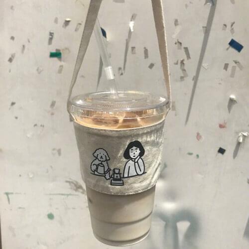 INS Cotton Canvas Water Bottle Holder Carry Bag Coffee Cup Storage Sleeve Cover Printing Milk Tea Set Drinking Bottle Strap Bag