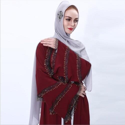 Hand made beading Islmaic kimono peignoir Muslim Abaya open Kaftan Dress Hijab Abayas Cascading flare sleeved Islamic Clothing