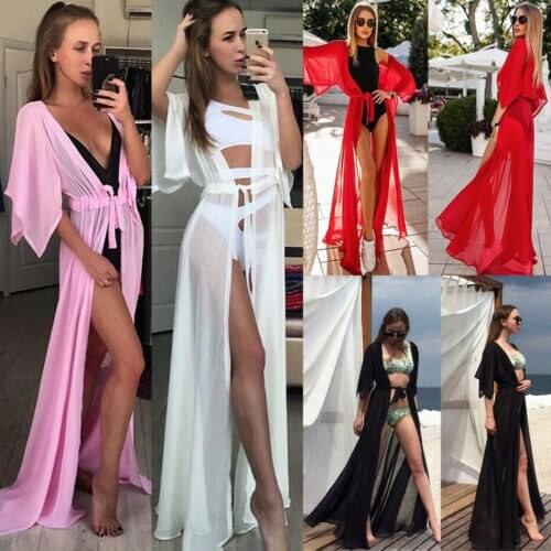 Summer Beach Chiffon Kimono Bikini Cover Up Long Tops lace up Swimwear Bathing Suit Beach Dress Hot Sale