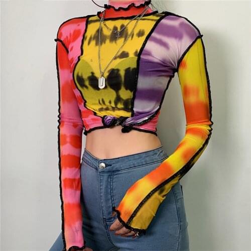Fashion Tie Dye Print Mesh Tops Women Turtleneck Long Sleeve T Shirt Slim Thin Female Party Clubwear Streetwear Tee shirts mujer