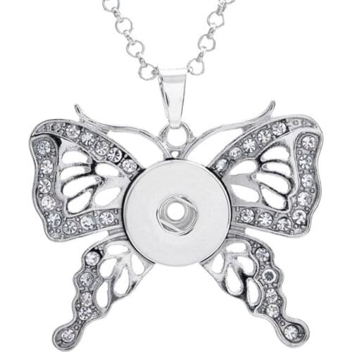 Trendy Rhinestone Butterfly pendant snap necklace 60cm keychain fit 18MM snap buttons Fashion jewelry DIY accessories XL0007