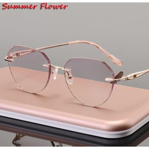 Retro Titanium Fashion Female Eye Glasses Vintage Round Diamond Trimmed Rimless Spectacle Frames Women Sunglasses Tint Lenses