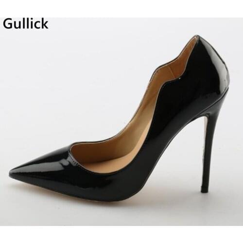 Black Leather Shallow Women Fashion Pumps Thin and High Heels Pointed Toe Shoes for party Big Size Patent Leather Slip On