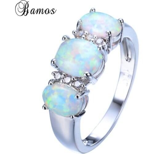 Bamos White/Blue Fire Opal Engagement Ring Fashion White Gold Filled Wedding Rings For Women Luxury Jewelry Accessories
