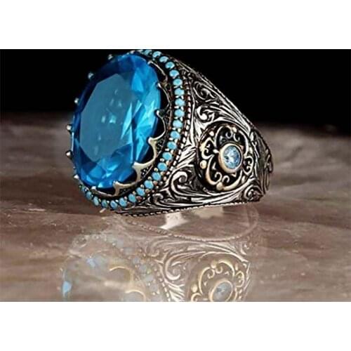 Wholesale Egg-Shaped Blue Crystal Carved Pattern Alloy Female Ring for Women Party Engagement Jewelry Hand Accessories Size 7-12
