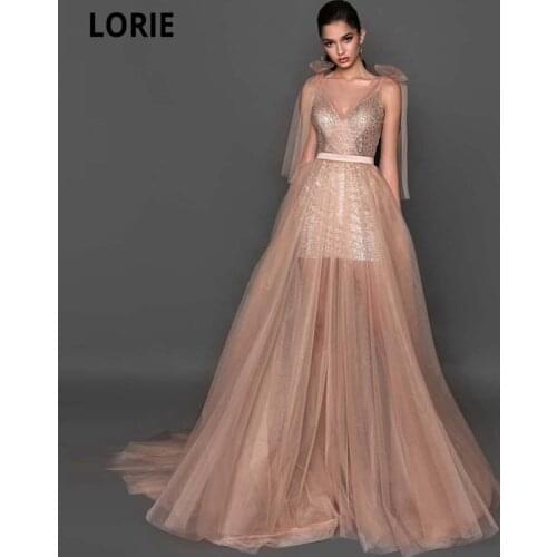 LORIE New Arrival Tulle V-neck Evening Dresses 2021 Cap Shoulder A-line Vestidos De Fiesta Formal Evening Party Gown Court Train