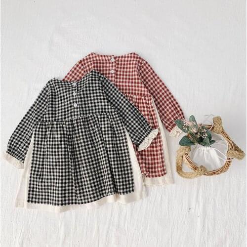 Spring Autumn Casual Girl Dress 2021 New Childrens Clothes Cotton Linen Plaid Ruffled Sleeves Baby Girl Princess Dress