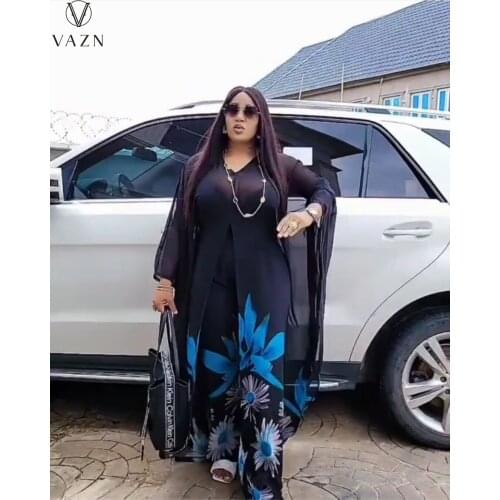 VAZN 2021 fashion hot sale women high street style long sleeve long top elstic long pants printed two piece sets