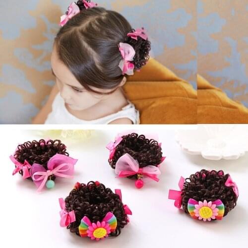 1 pair Flower Bow Elastic Hair Bands with Wig Girls' Hair Clips Kids Reel hairball head Hair Accessories