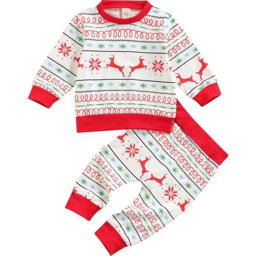 FOCUSNORM 0-24M 2pcs Baby Girls Boys Christmas Clothes Sets Cartoon Deer Printed Long Sleeve Sweatshirt Tops Pants
