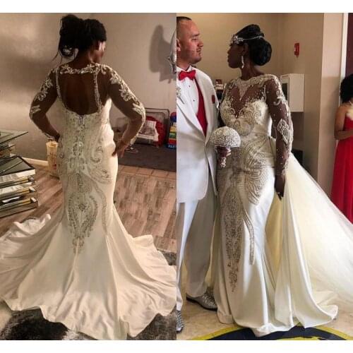Crystal Mermaid Wedding Dresses Long Sleeve 2021 Lace applique beaded Nigeria African Wedding Gown with Detachable Train