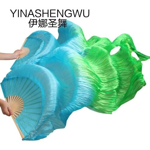 1 Pair Dance Fans Bamboo Ribs Natural Silk Stage Performance Props Dye Fans Women Belly Dance Silk Fans turquoise +green