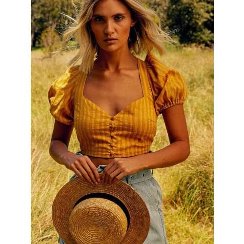 Fashion Women Shirt Temperament Solid Color Button V-neck Lantern Sleeved T-shirt Female Summer Casual Sexy Slim Crop Top