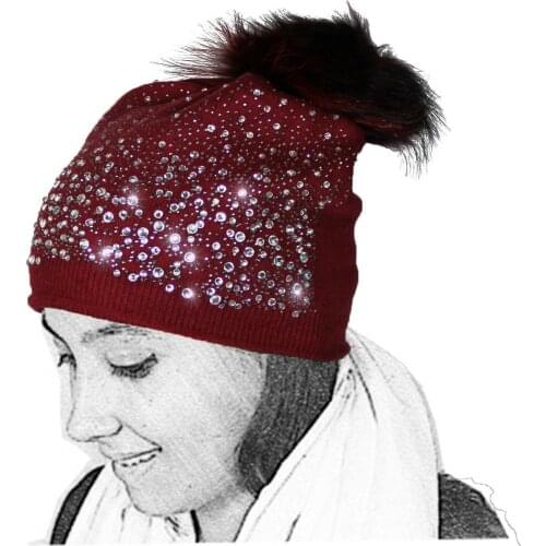 Knitted Hat Woman Red Wool Strass Pompom Glitter Sparkly Crystals Ball