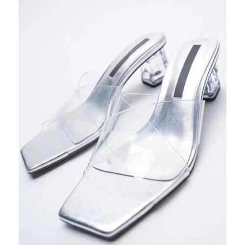 ZAR 2021 Summer New Fashion Square Toe High Heels Sexy Outer Wear Transparent Muller Lazy Sandals And Slippers Women Luxury