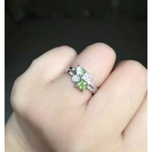 Natural green peridot ring Natural olivine ring S925 sterling silver ring trendy Elegant Square energy women girl gift Jewelry