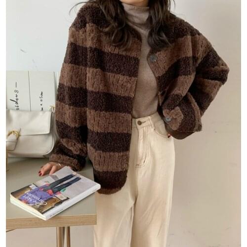 High Quality Women Winter Soft Big-stripe Short Fur Coat Jacket Button Up Round Collar Oversized Overcoat Outerwear Cardigan