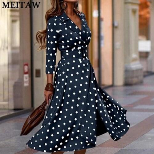 2021 Elegant Women Office Dress Ladies Summer Autumn V Neck Long Sleeve Suit Dress Female Casual Polka Dot Midi Dress