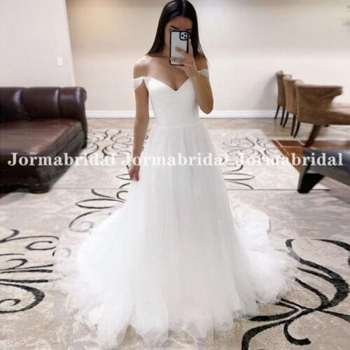 Plunging V-Neck Wedding Dress 2021 Custom Made Cheapest A-Line Off Shoulder Soft Tulle Bridal Gowns robe de mariée