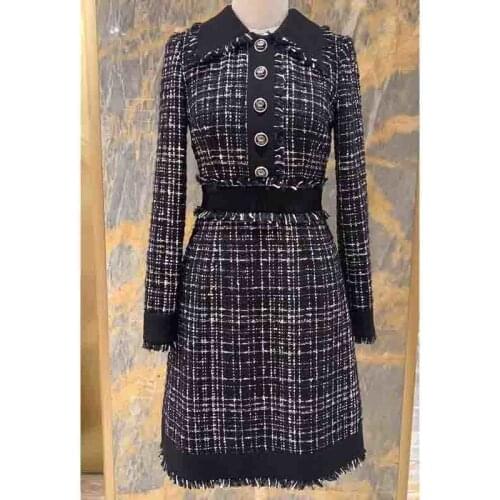 Tweed Women Long Sleeve Dress 2021 Spring Lapel Wool Straight Shirt Dress Single Breasted Waist-hugging Party Dresses