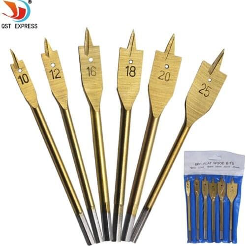6pcs/Set Titanium Coating Hex Shank Spade Bits Flat Boring Bit Wood Drill Bit Power Tools Hole Saw 10,12,16,18,20,25mm