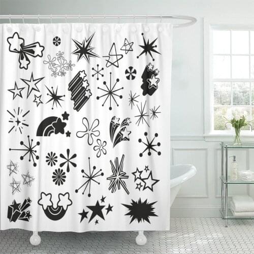 Abstract Retro Stars and Starbursts Black Graphic Event Pattern Shower Curtain Waterproof Polyester Fabric 72 x 72 Inches Set