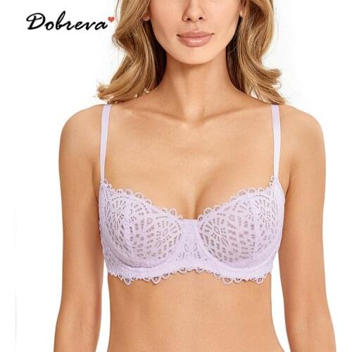 DOBREVA Womens Lace Balconette Bra Demi See Through Unlined Underwire Bralette Plus Size