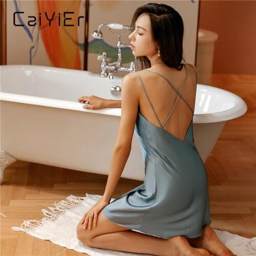 CAIYIER Cross Backless Nightgown Sexy Blue Sling Nightdress Luxury Soft Silk Deep V Sleep Dress Party Satin Female Lingerie Dres