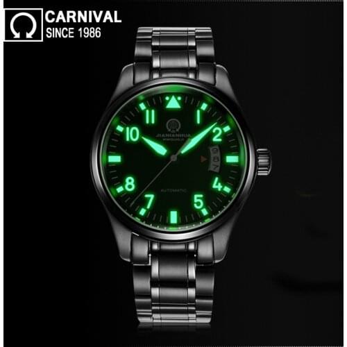 Carnival Super Luminous 25 Jewels Automatic Watch Men Black Stainless Steel Mechanical Watches Waterproof Mens Clock Calendar