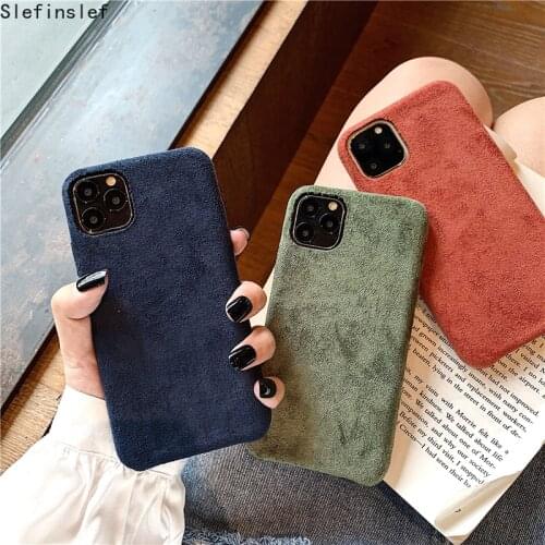 Solid Color Suede Cloth Case For iPhone 11 Pro Max XS 12 Pro Mini X XR 6 6S 7 8 Plus Soft Silicone Warm Plush Furry Fabric Cover
