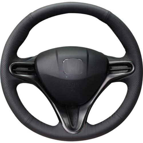 Black Natural Leather Car Steering Wheel Cover for Honda Civic Civic 8 2006-2009 (3-Spoke)