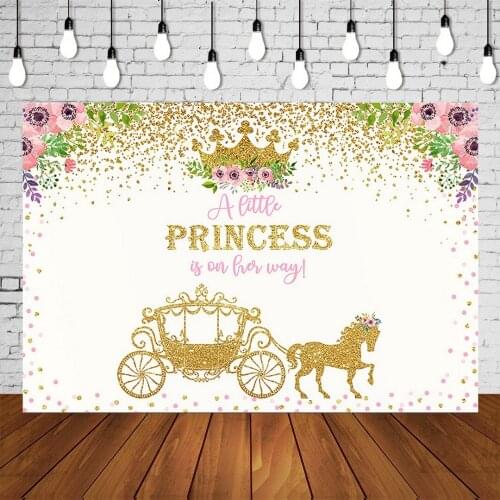 Royal Baby Shower Backdrop A Princess Is On Her Way Babyshower Background Gold Glittering Carriage Poster Photo Floral Banner