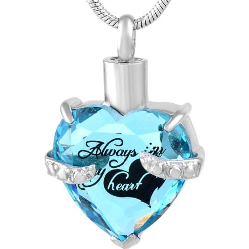 IJD9791 "Always in my heart" Crystal Love Heart Cremation Urn Pendant Necklace Stainless Steel Memorial Keepsake Ash Urn Jewelry