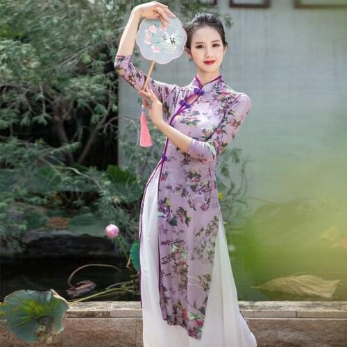 Chinese Classical Dance Mesh Gauze Cheongsam Folk Dance Stage Performance/Practice Clothes Oriental Dancewear For Women DQL5087