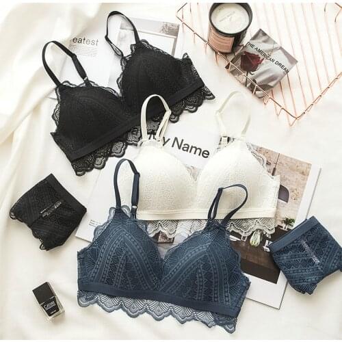 Wasteheart Women Fashion Blue Padded Bra Sets Wireless Lace Trim Cotton Panties Underwear Sexy Lingerie Set Underwear Japanese B