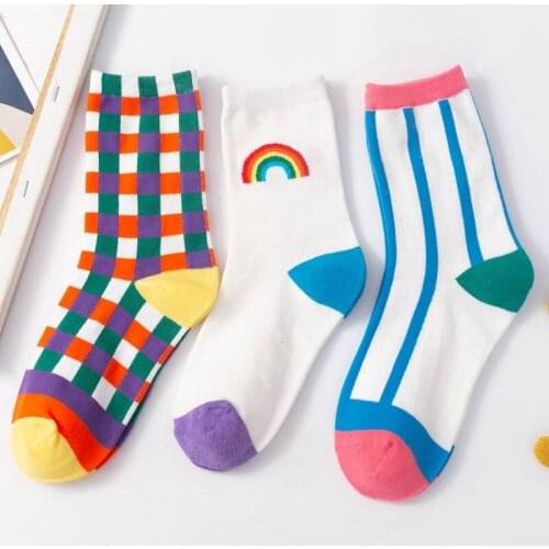 Cute Womens Socks Cotton Rainbow Plaid Striped Novelty Socks Funny Harajuku Korean Style Happy Socks Christmas Gift Dropshipping