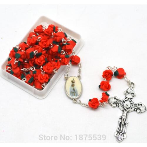 100th Anniversary Fatima Rosary Red Pink Polymer Flower Bead Rosary Necklace