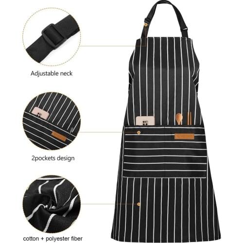 Kitchen Cooking Aprons, Adjustable Bib Soft Chef Apron with 2 Pockets for Men Women Restaurant Hotel Black Stripes Apron