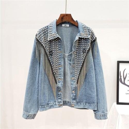 2021 Autumn Rivet Spring Denim Tassel Jacket Streetwear Women Chain Short Jeans Hip Hop Loose Black Coats Full Sleeve Femal