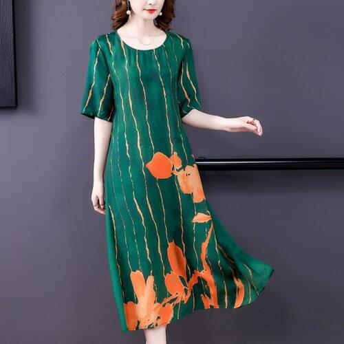 Summer Green Print Mulberry Silk Beach Maxi Dress 2021 Vintage 4XL Plus Size Midi Sundress Women Elegant Bodycon Party Vestidos