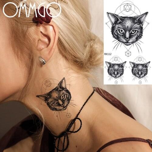 OMMGO Geometric Cat Small Temporary Tattoos For Women Sticker Fake Tattoo Black Diamond Custom Tatoos Body Art Arm Makeup