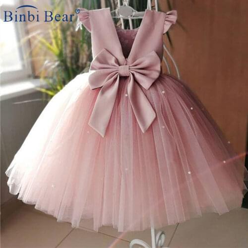 New Peach Pink Flower Girls Dresses For Wedding Beading Backless Birthday Party Evening Dress Tulle Princess Ball Gown Vestidos